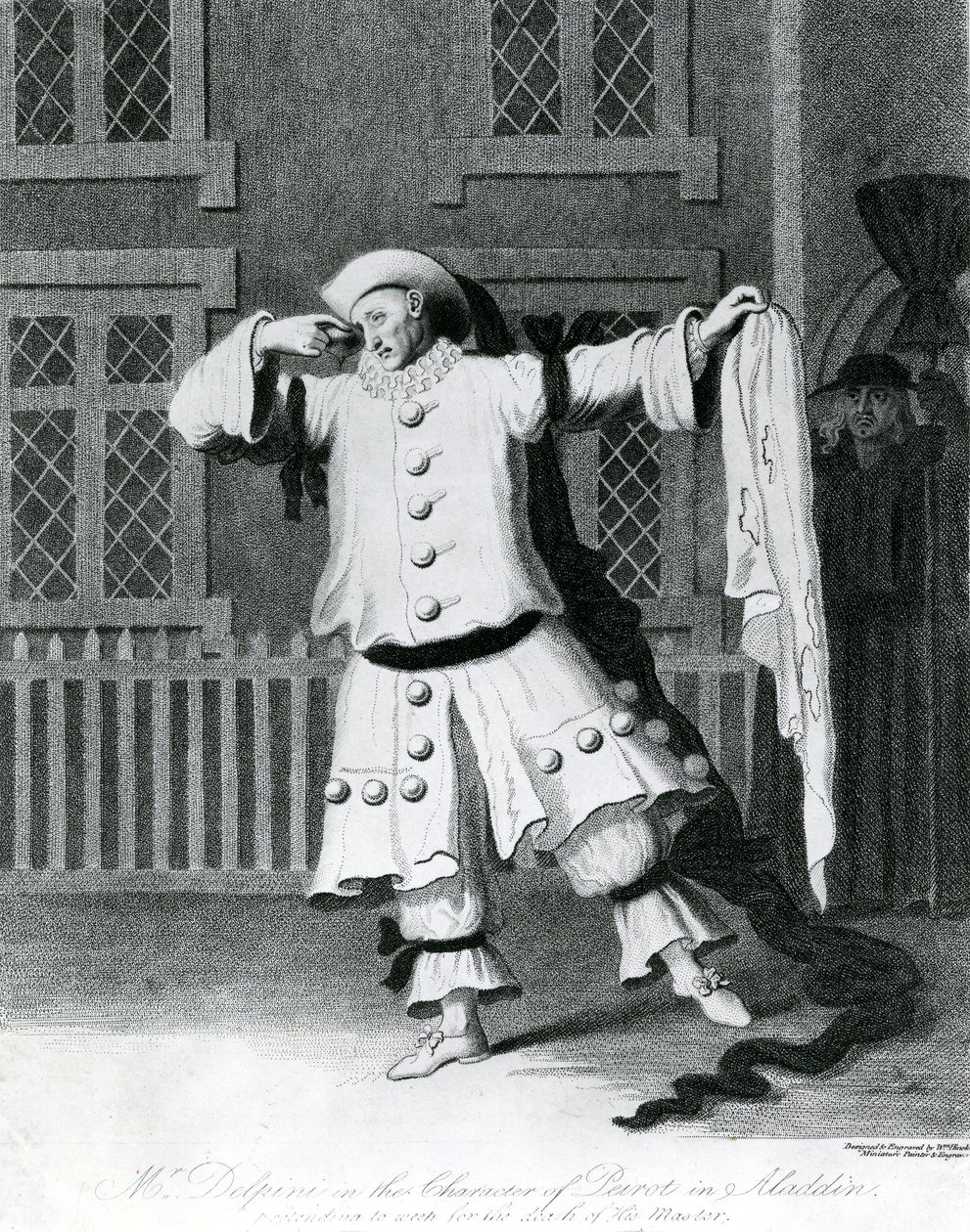 Mr Delphini nel personaggio di Pierrot in Aladino, 1780-1790 da William Hincks