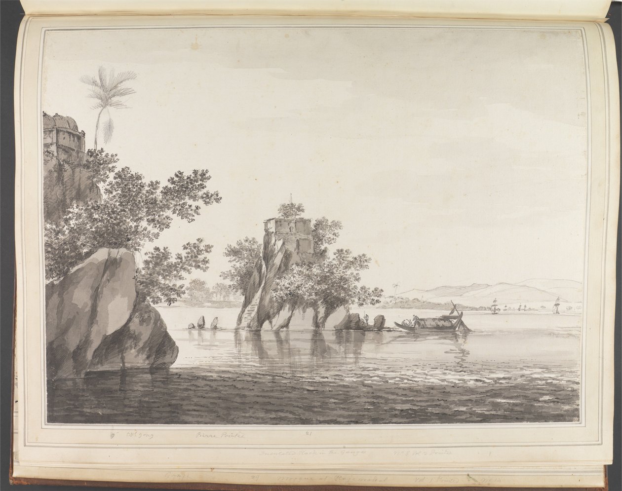 Veduta di una roccia isolata nel fiume Gange presso Jangerah [Jahangira] da William Hodges