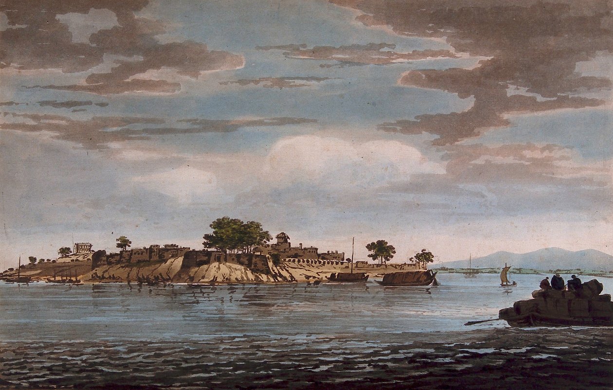Una veduta del forte di Mongheer, sulle rive del fiume Gange da William Hodges