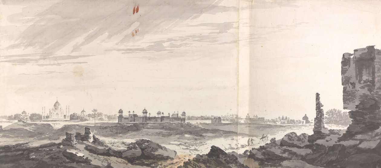 Una veduta delle rovine di Agra e del Taj Mahal da William Hodges