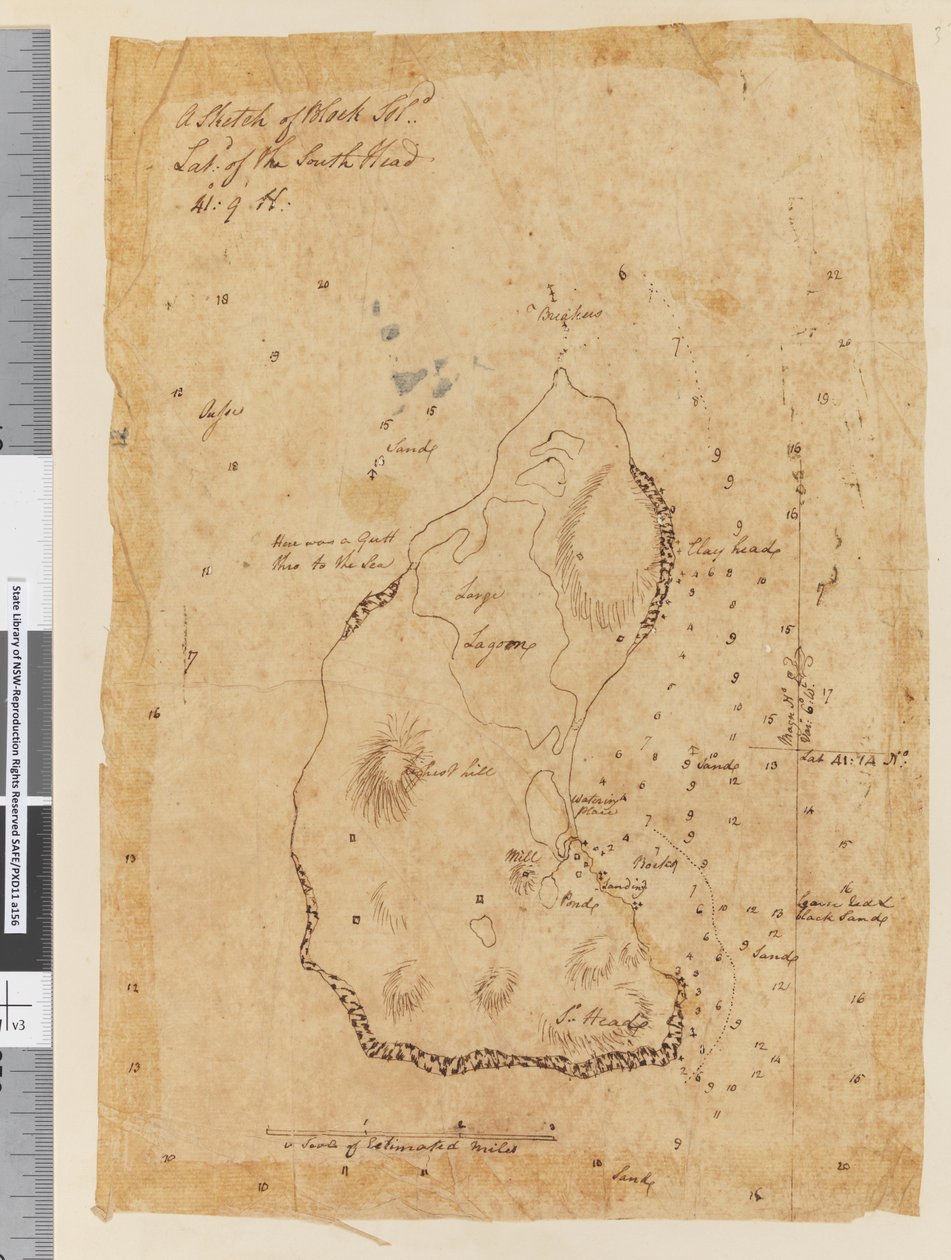 Pagina 37a Uno schizzo di Block Island, latitudine della Testa Sud 41: 9 N da William Hodges