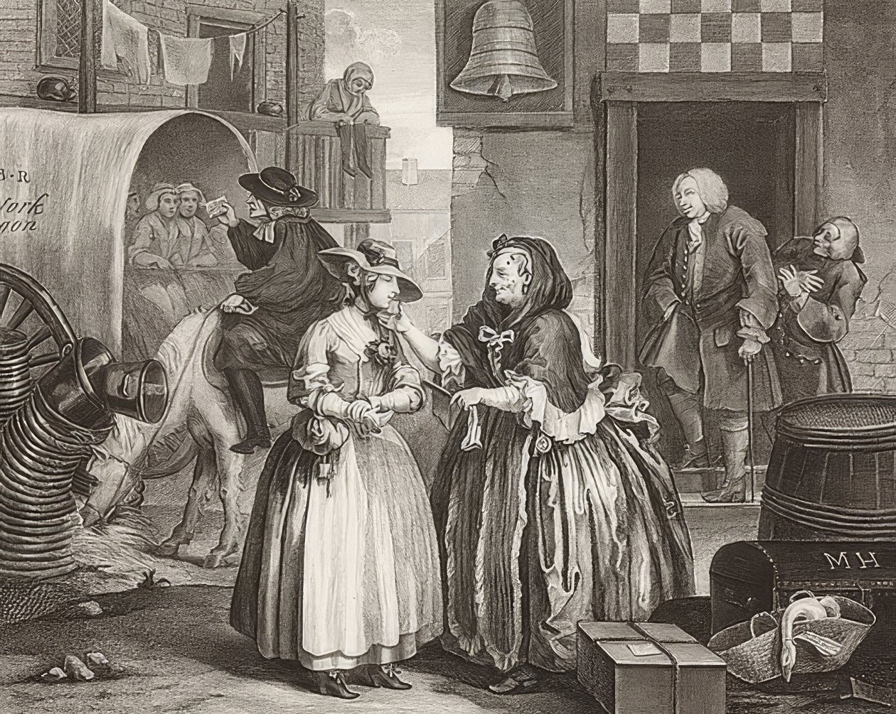 Il cammino di una prostituta, Tavola 1: Arrivo a Londra da William Hogarth