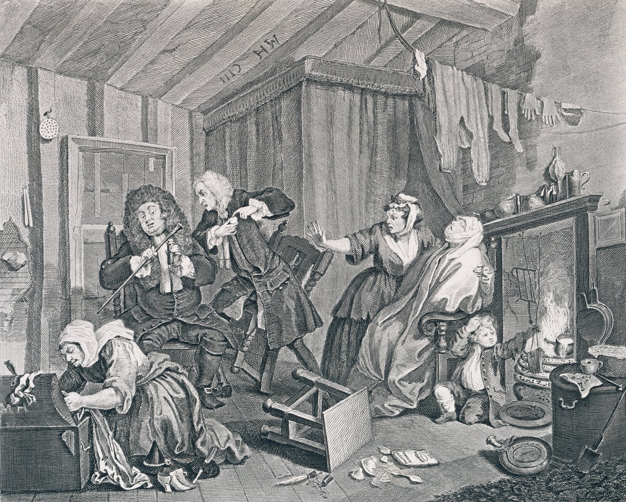Il progresso di una prostituta, tavola cinque: Muore mentre i dottori discutono, 1732 da William Hogarth