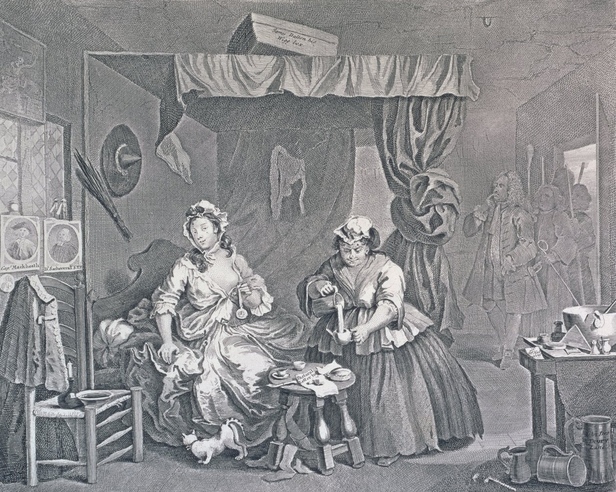 Il progresso di una prostituta, Piatto Tre: Arrestata da un magistrato, 1732 da William Hogarth