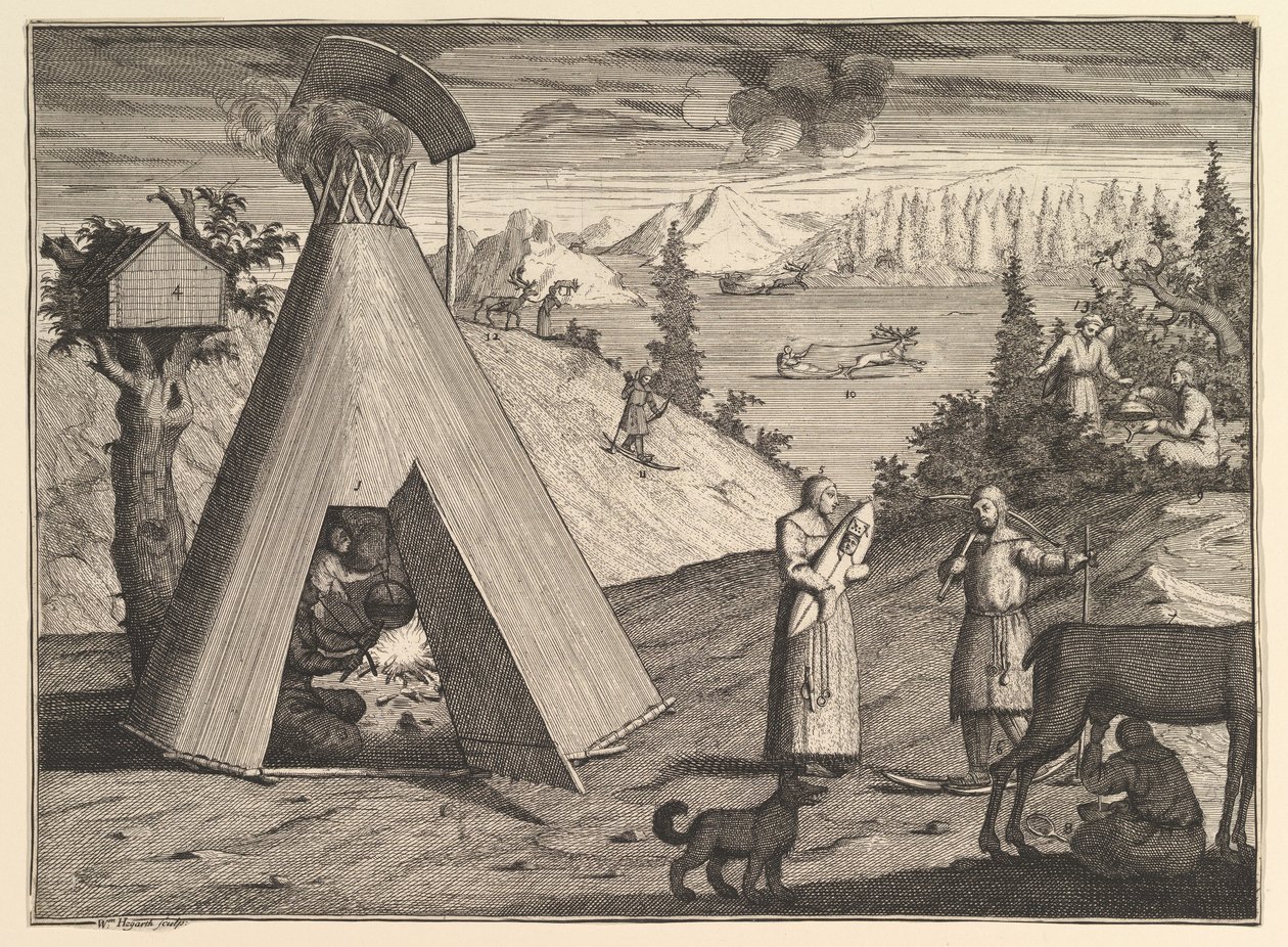 Capanna lappone, dai viaggi di Aubry de La Mottraye, 1723-24 da William Hogarth