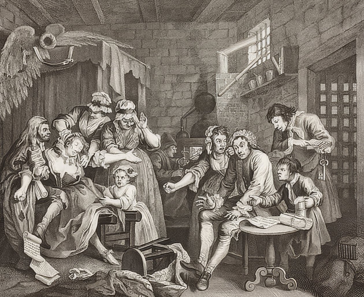 Il progresso di un libertino, Tavola 7: Il libertino in prigione. 1735 da William Hogarth