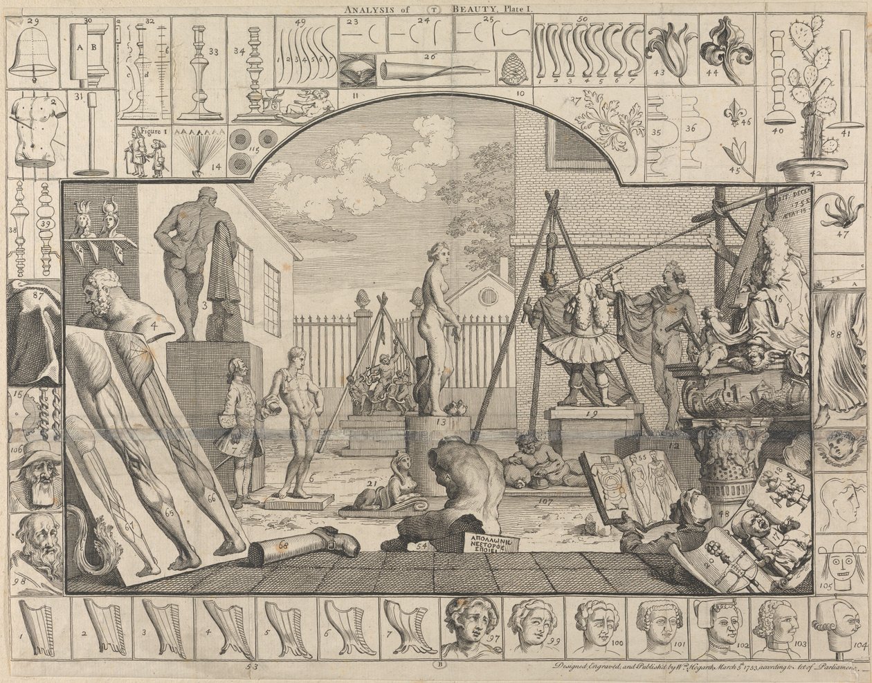 Analisi della bellezza, tavola I: Cortile di uno scultore da William Hogarth