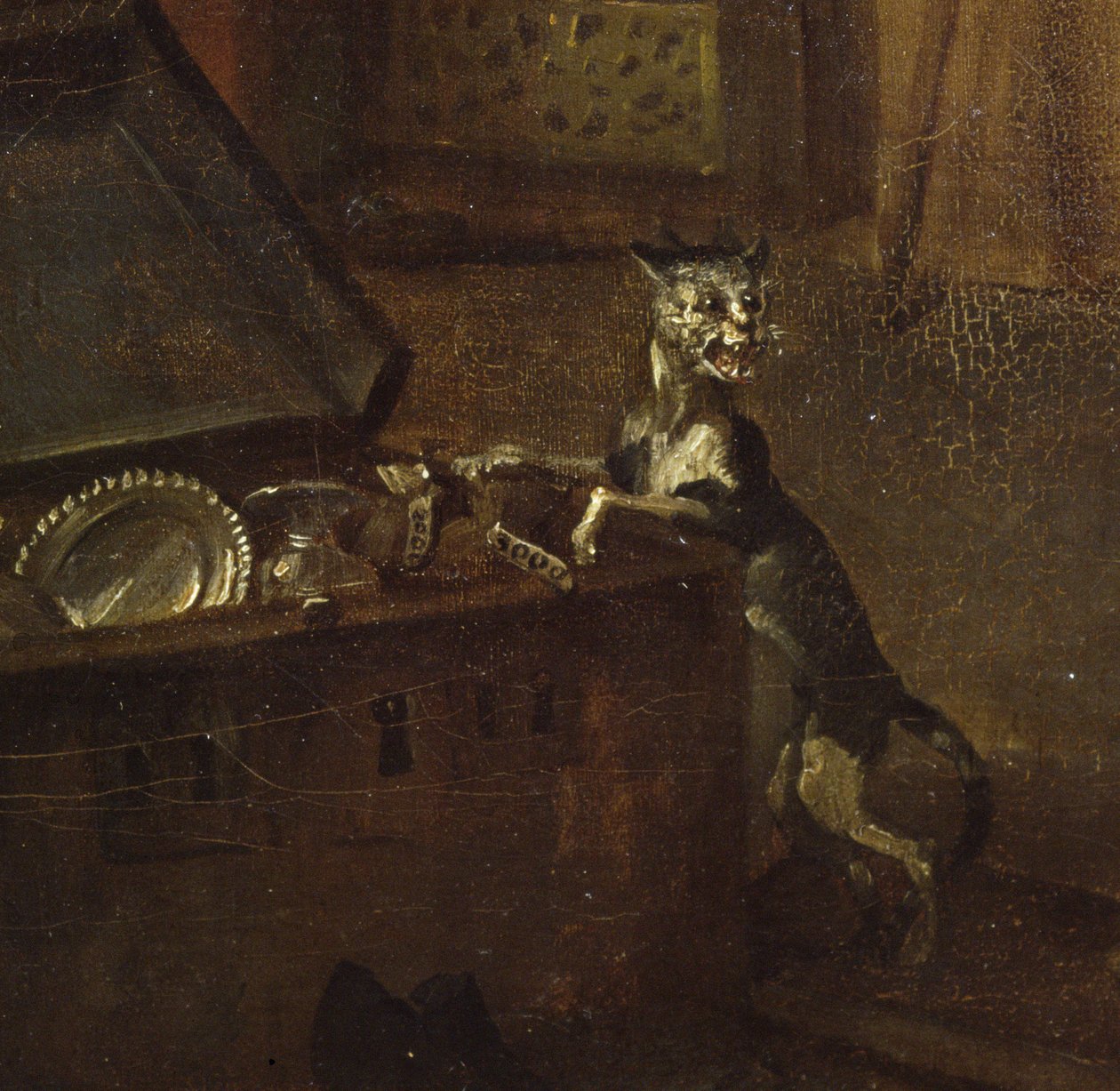 Gatto con un petto, dettaglio da A Rakes Progress I: Il Rake che prende possesso della sua tenuta, 1733 (dettaglio) da William Hogarth