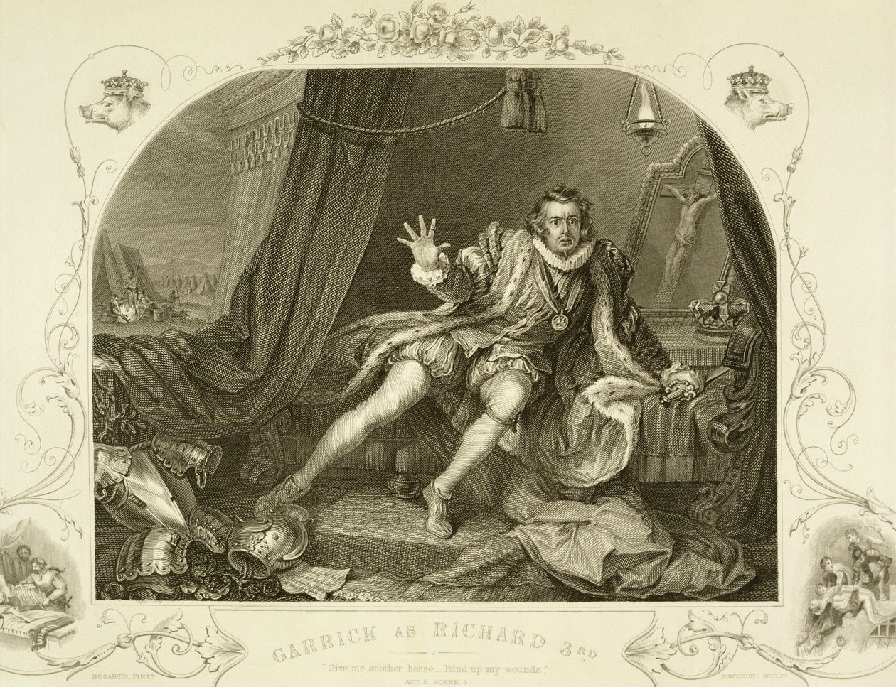 David Garrick (1717-79) come Riccardo III, Atto V Scena 3, nella commedia di William Shakespeare, inciso da Portbury da William Hogarth