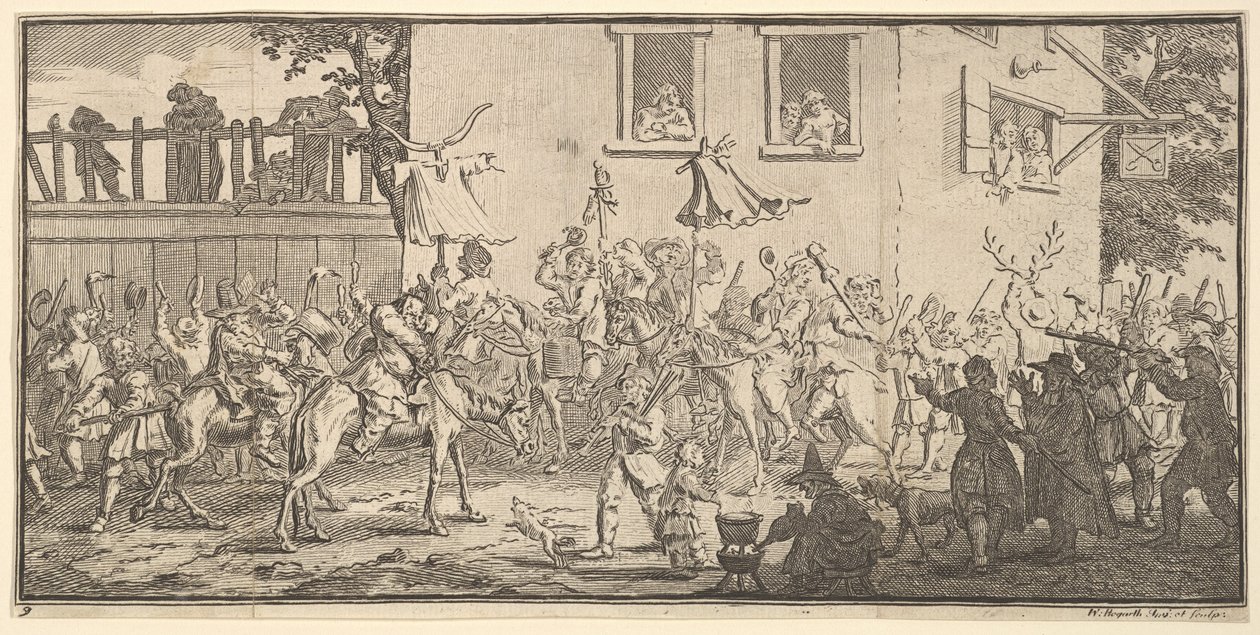 Hudibras e lo Skimmington Diciassette piccole illustrazioni per Hudibras di Samuel Butler da William Hogarth