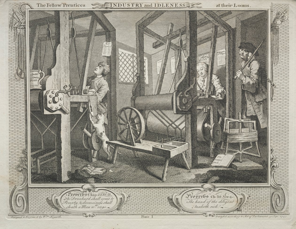 Industria e ozio: i compagni apprendisti ai loro telai da William Hogarth