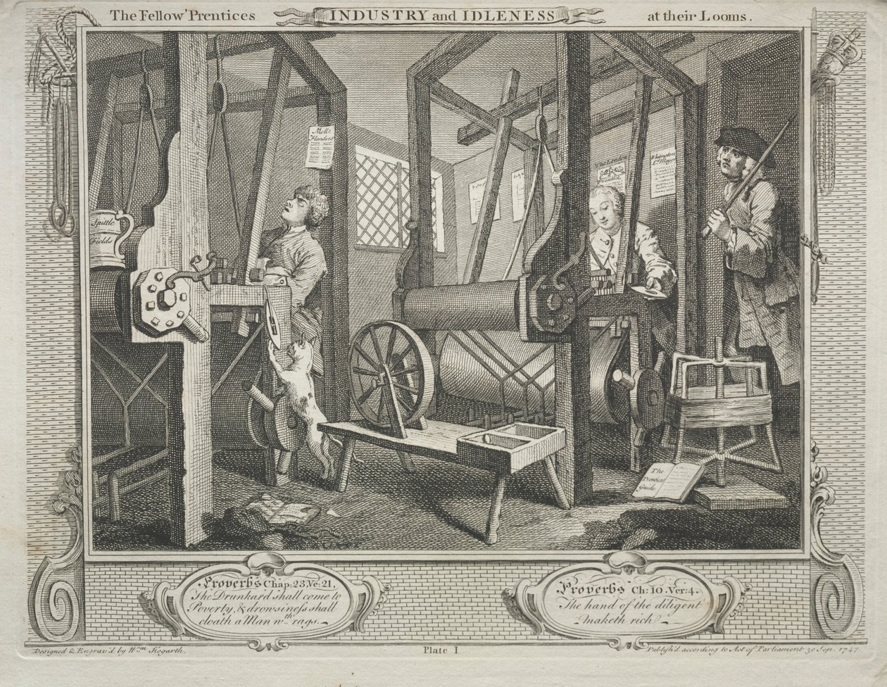 Industria e ozio: i compagni apprendisti ai loro telai, 1747 da William Hogarth