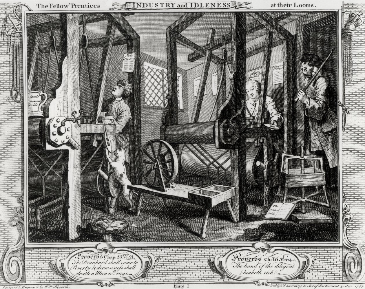 Industria e Ozio, Gli apprendisti compagni ai loro telai, tavola 1 da William Hogarth