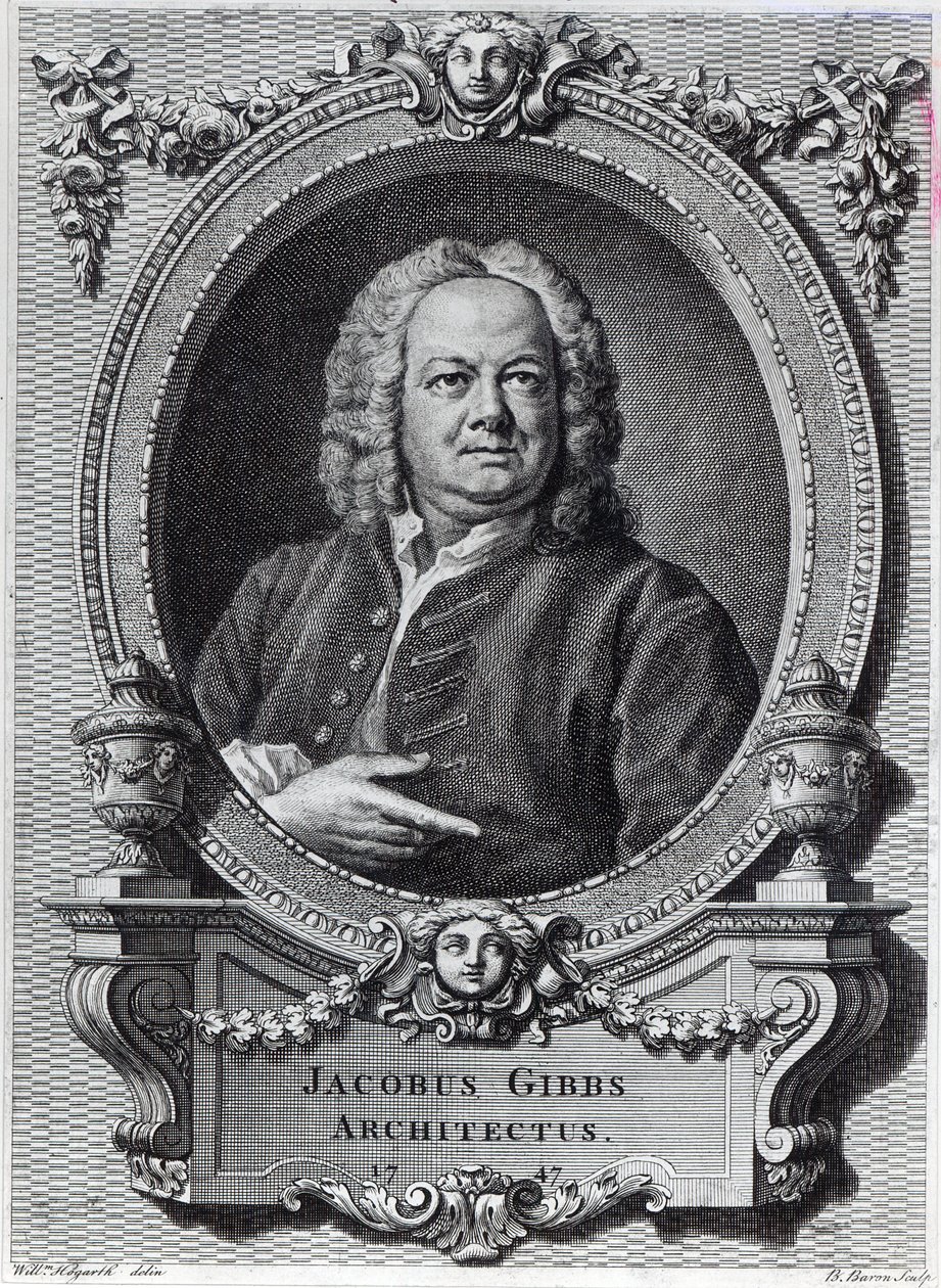 James Gibbs, inciso da Bernard Baron, 1747 da William Hogarth