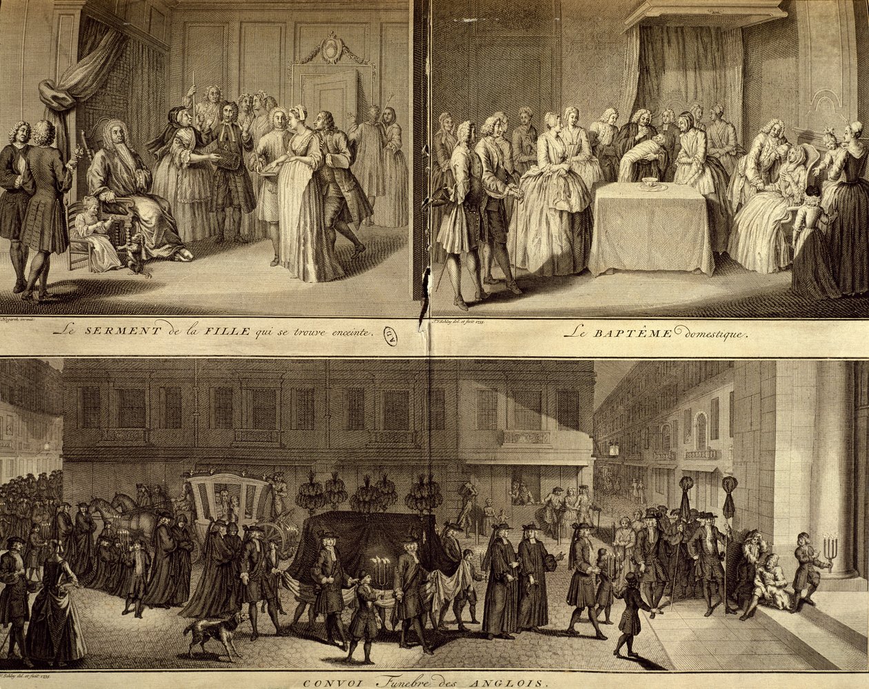 Giudizio di giovane donna incinta, battesimo e funerale da William Hogarth