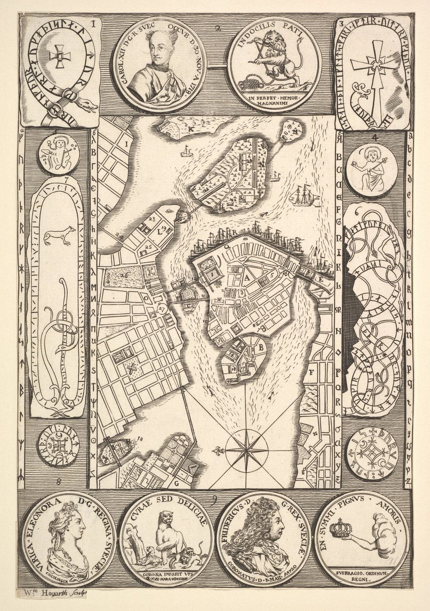 Mappa di Stoccolma da Aubry de La Mottrayes Travels throughout Europe, Asia and into Part... da William Hogarth