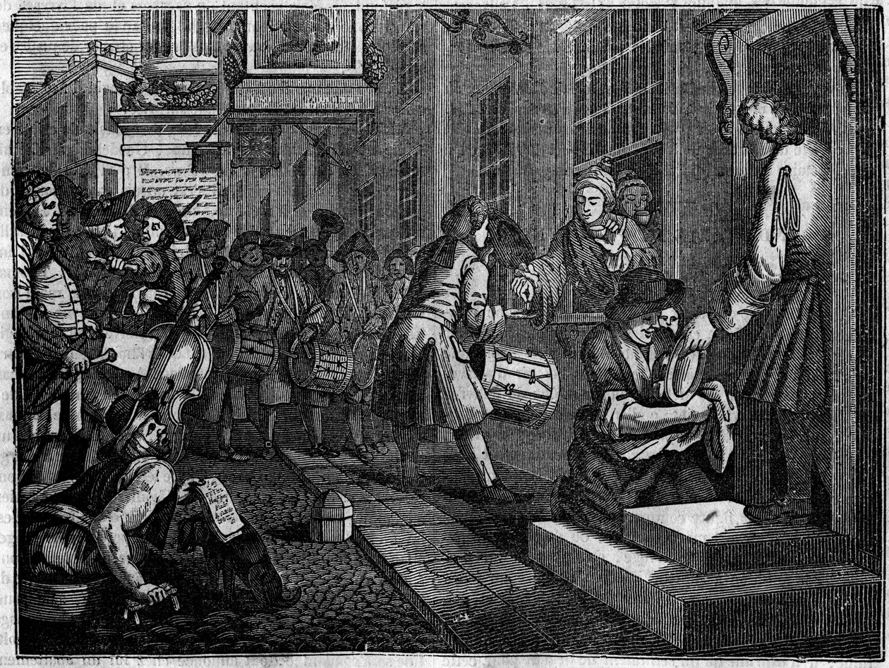 Tavola da una serie di 12 incisioni di William Hogarth (1697-1764), illustratore britannico, intitolata "Industry and Idleness", "Zelo e pigrizia", raccontando le carriere di due apprendisti: il matrimonio di Goodchild con la figlia del suo maestro tessito da William Hogarth