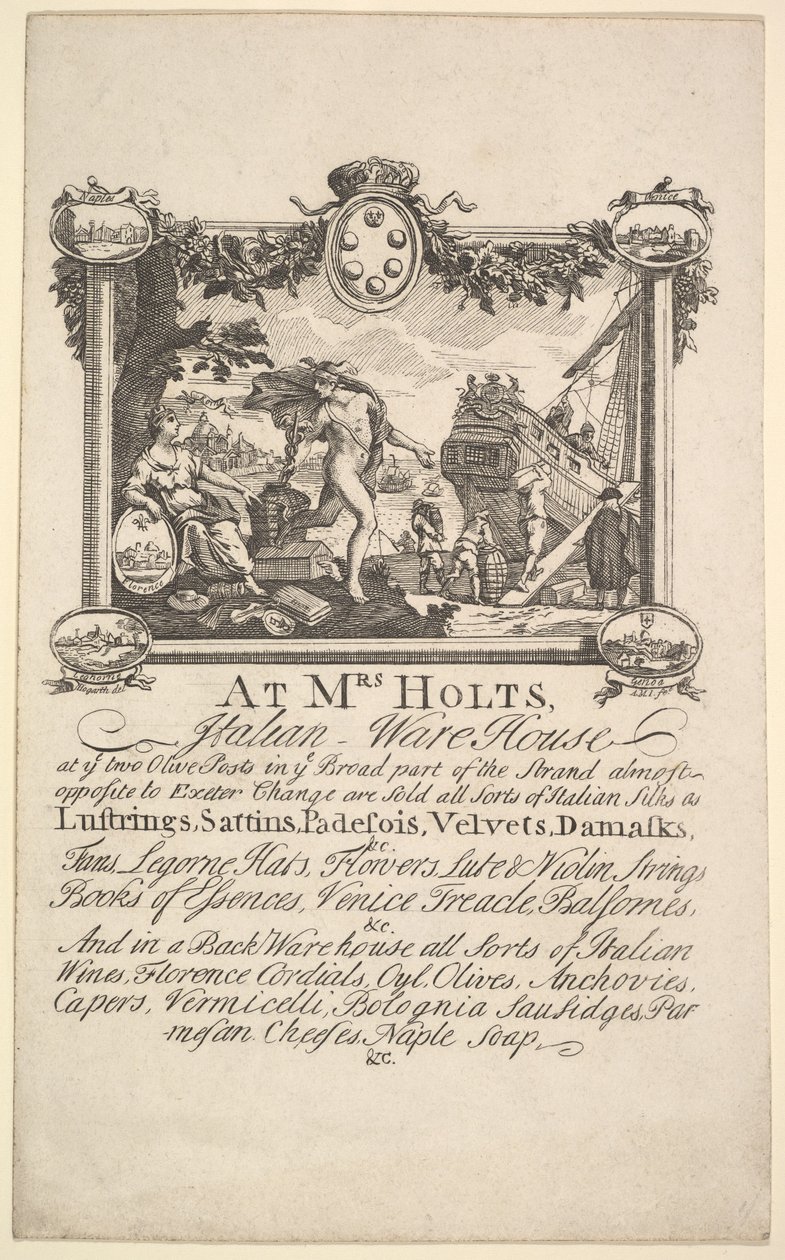 Biglietto da visita per il magazzino italiano della signora Holt, 1720-72 da William Hogarth