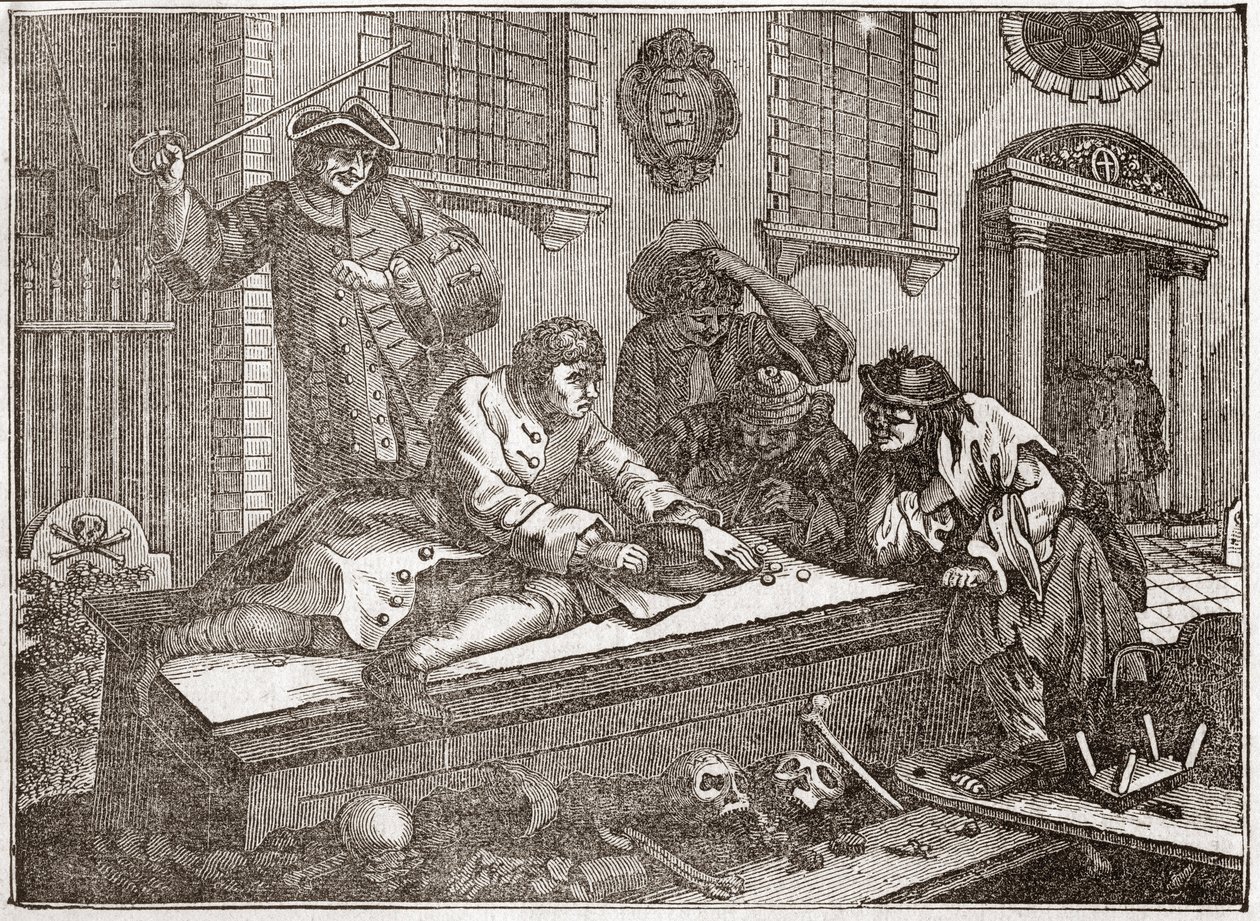 Il pigro apprendista che gioca nel cimitero durante il servizio divino - Tavola da una serie di 12 incisioni di William Hogarth (1697-1764), illustratore britannico, intitolata "Industria e Pigrizia", raccontando le carriere di due apprendisti da William Hogarth