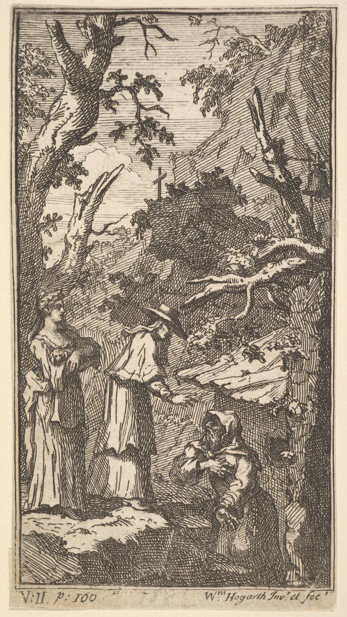 La nuova metamorfosi, Tavola 7: Il Cardinale, un eremita e Donna Angela che tiene Fantasio da William Hogarth