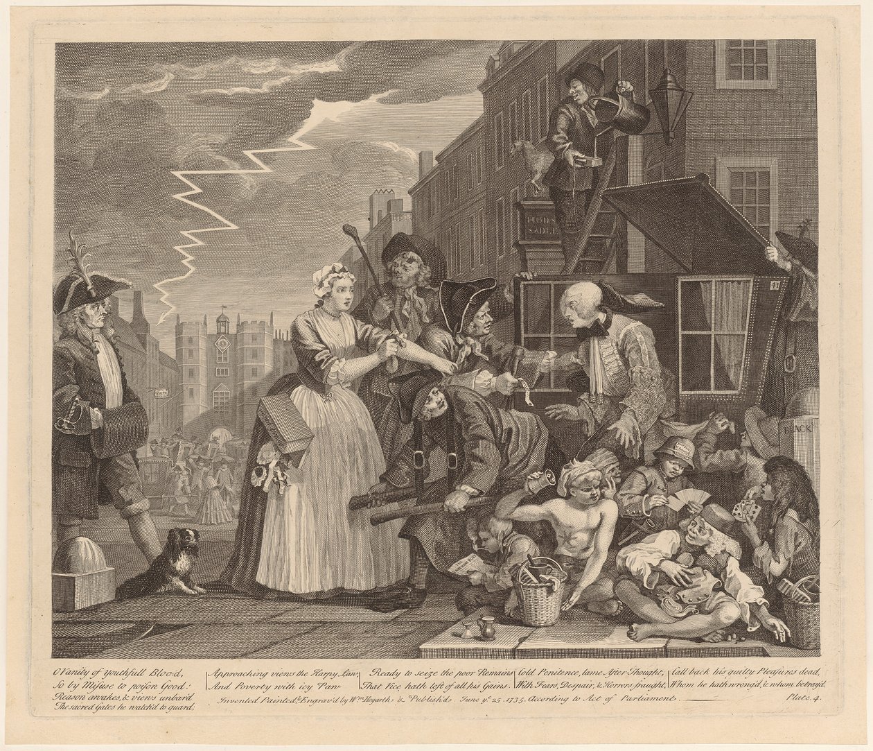 Arrestato per debiti, tavola 4 della serie "La carriera di un libertino" da William Hogarth