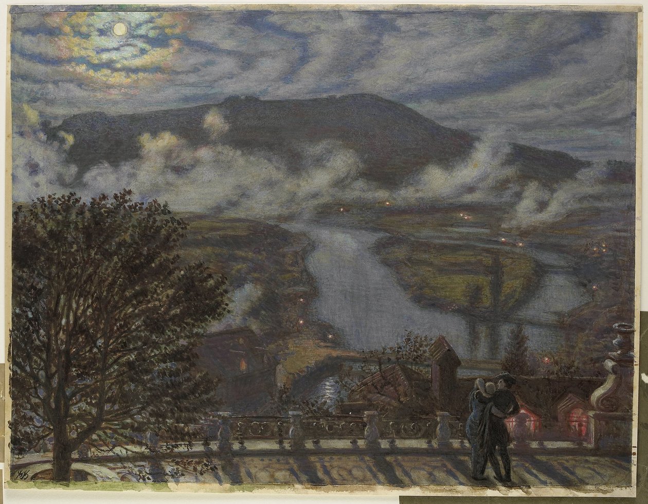 Vista dalla terrazza su un paesaggio fluviale di notte da William Holman Hunt