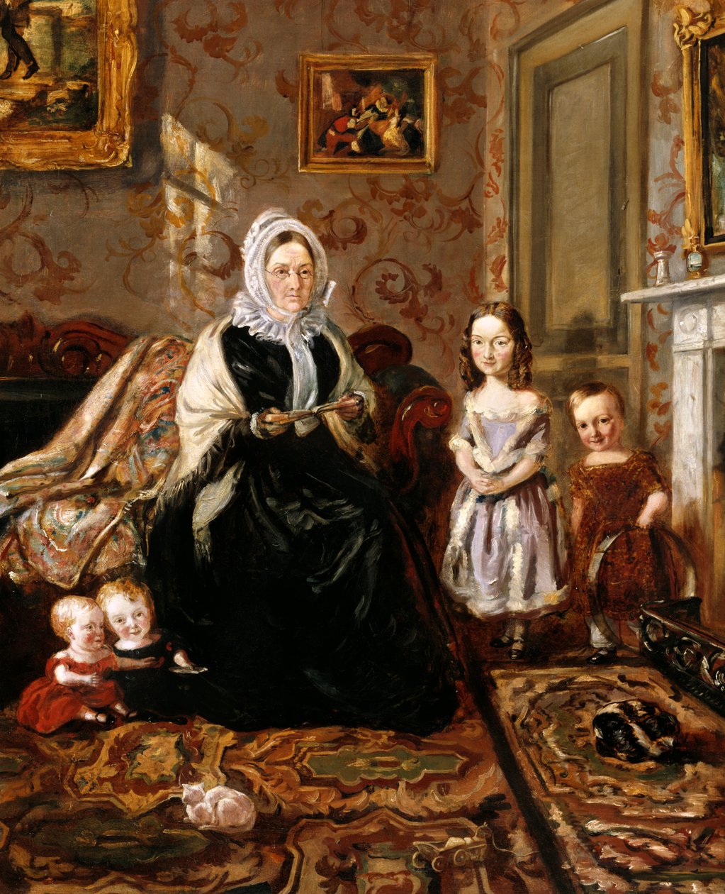 Ritratto di gruppo della suocera di Henry Clark, Mrs Davies, e quattro dei suoi figli nel salotto della sua casa, 186 High Street, Homerton da William Holman Hunt