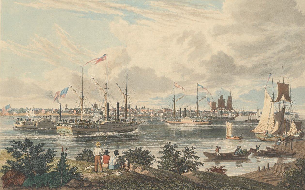 Città di Detroit, Michigan: vista dalla riva canadese vicino al traghetto, pubblicato 1837 da William James Bennett