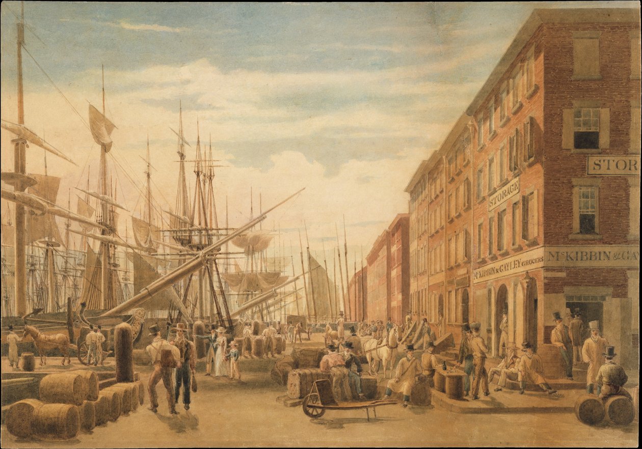Veduta di South Street da Maiden Lane, New York da William James Bennett
