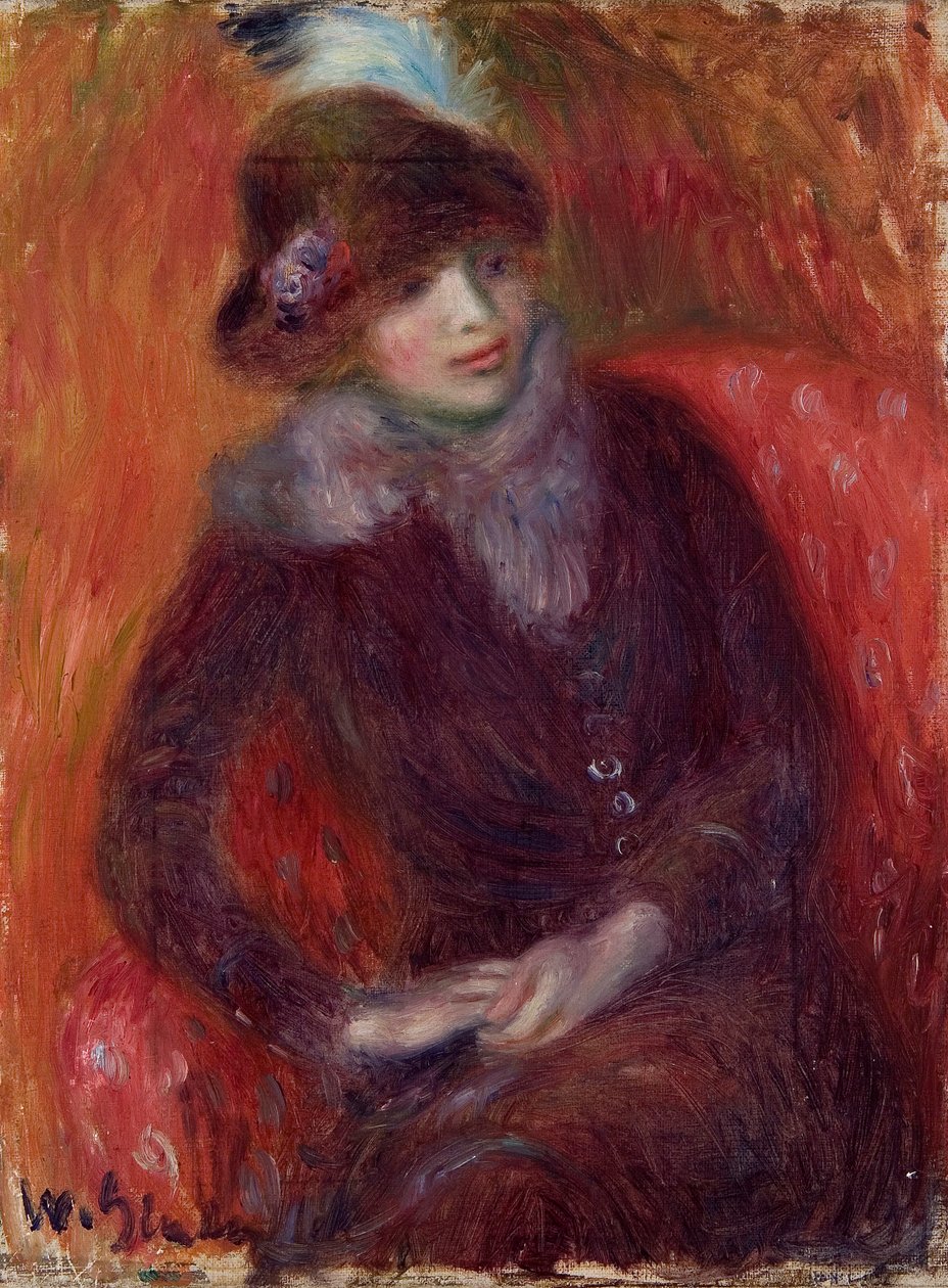 Donna seduta con collo di pelliccia e sfondo rosso da William James Glackens