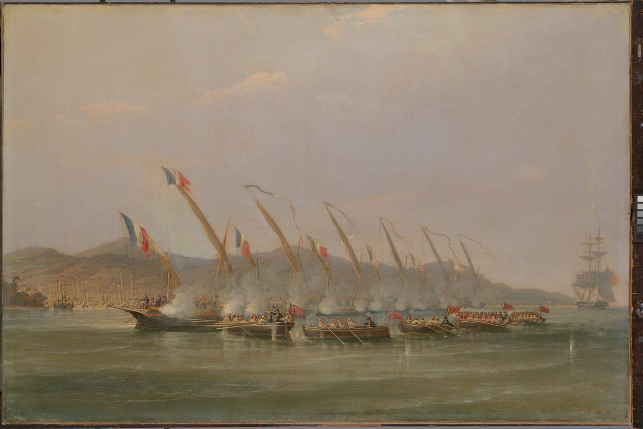 Il capitano Robert Maunsell cattura cannoniere francesi al largo di Giava, luglio 1811, c.1811 da William John Huggins