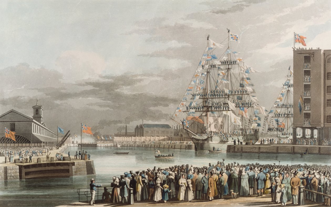 Il molo di St. Katherine: Apertura il 25 ottobre 1828, inciso da E. Duncan da William John Huggins