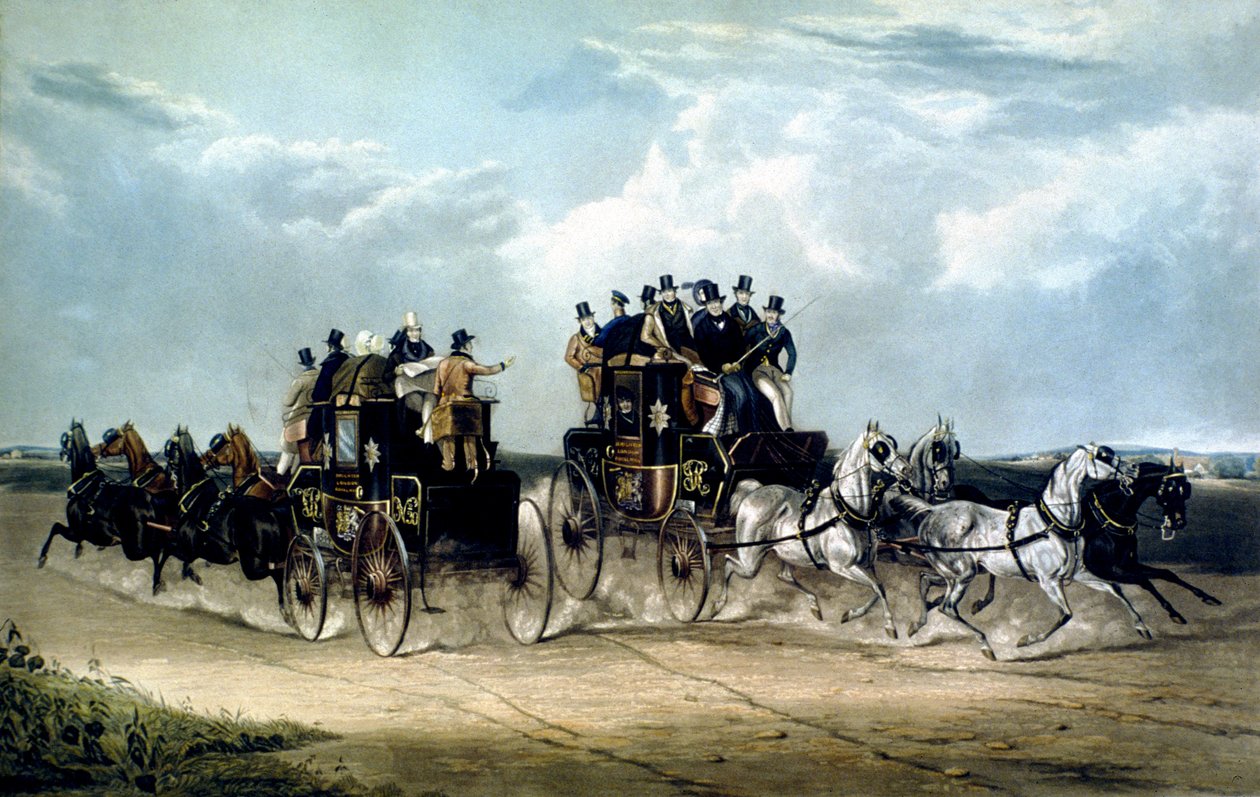 Le poste giornaliere di Brighton che passano sopra Hockward Common, inciso da Charles Hunt da William Joseph (after) Shayer