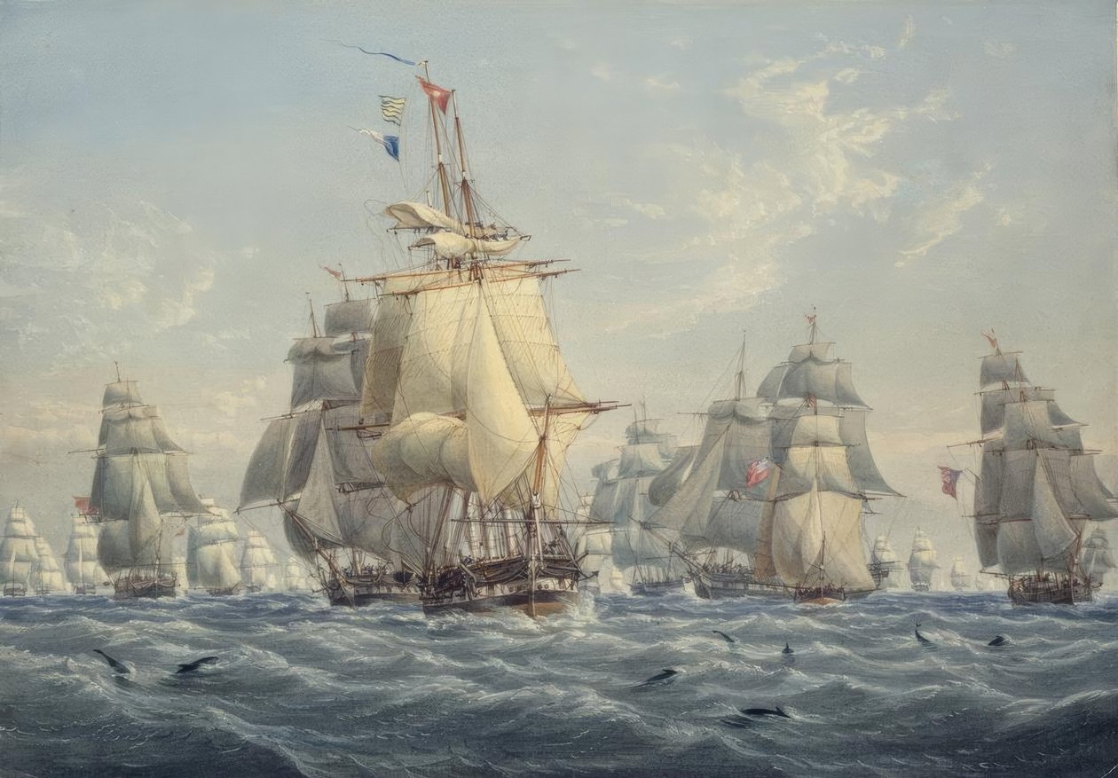 Uno squadrone britannico a vele spiegate con delfini da William Joy