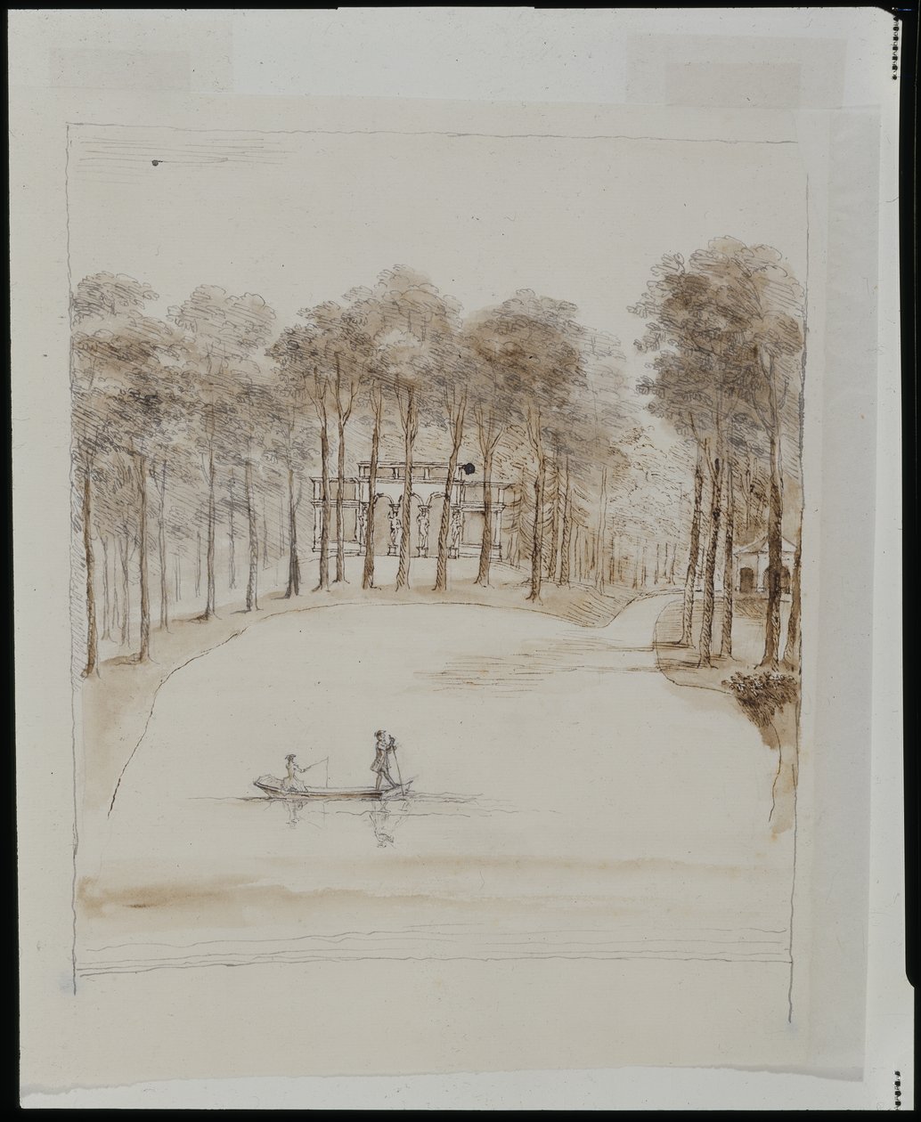 Casetta degli uccelli a Chiswick; piscina con una coppia in barca, la donna che pesca da William Kent