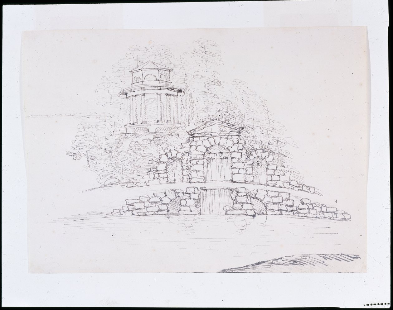 Chiswick, progetto per una cascata rocciosa con un tempio dorico ottagonale sulla terrazza dietro da William Kent