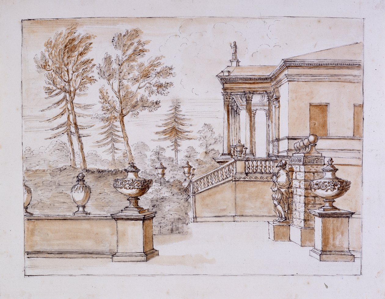 Chiswick, vista della villa dal lato della statua di Inigo Jones da William Kent