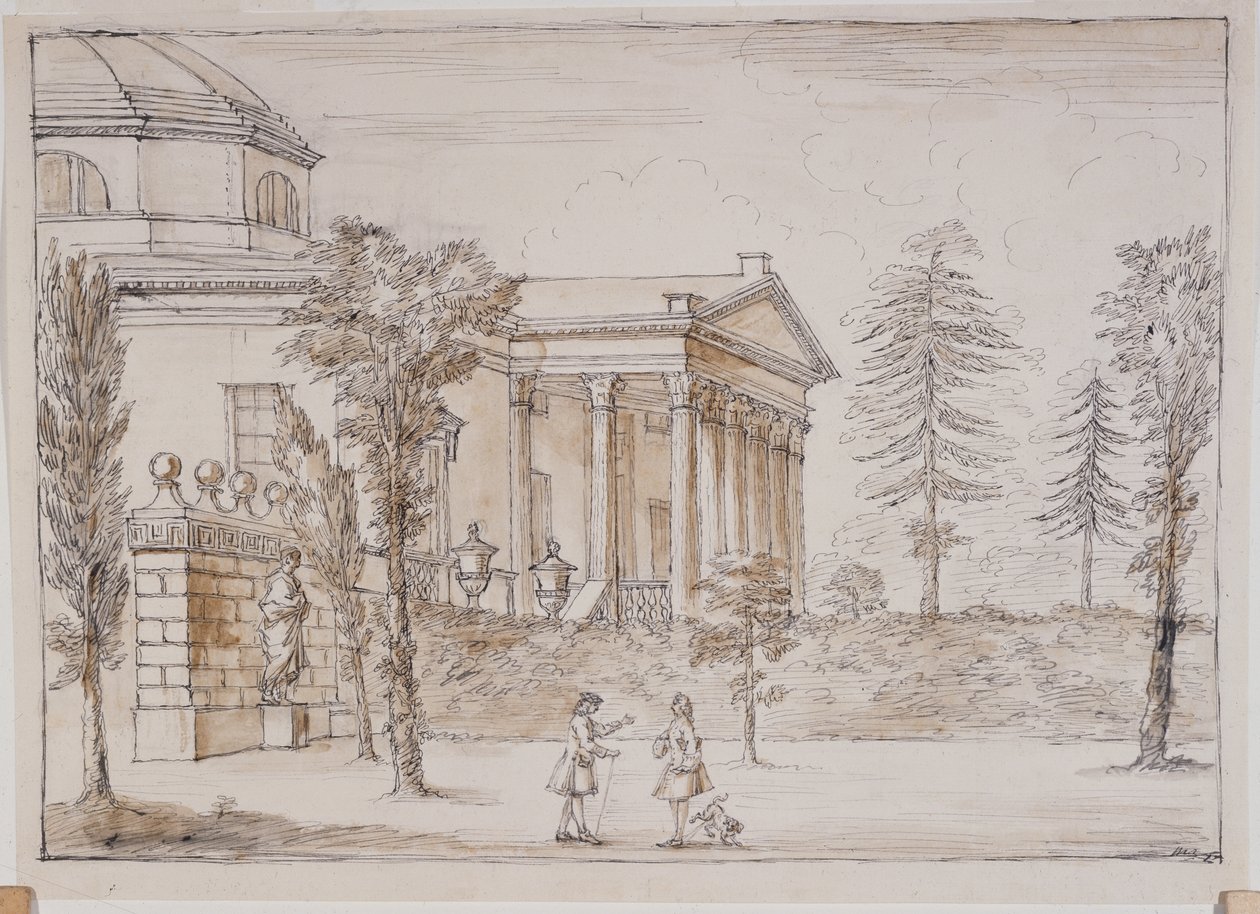 Chiswick, vista della villa dal lato della statua di Palladio da William Kent