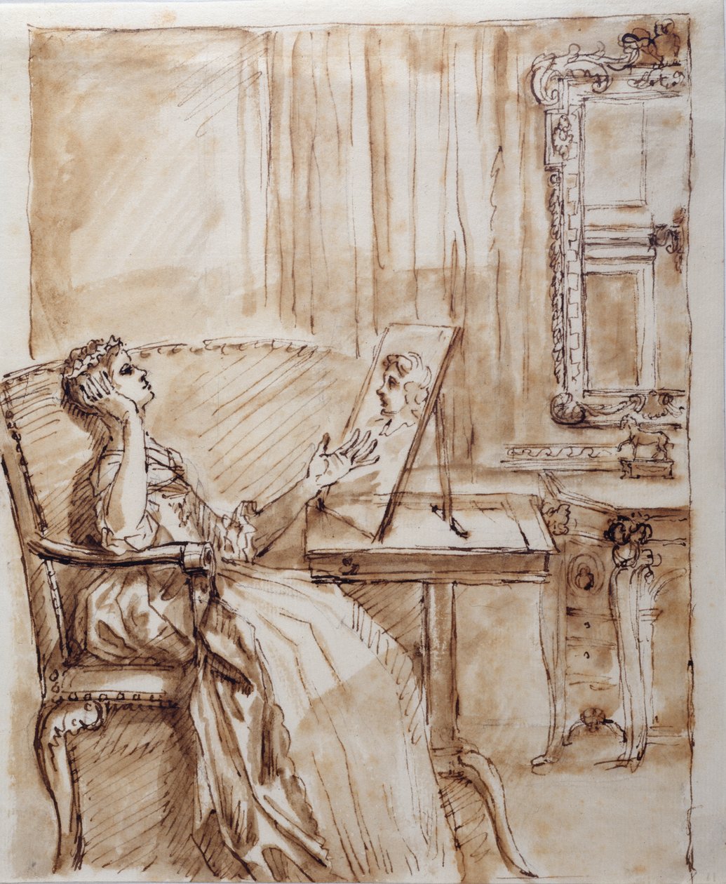 Lady Burlington seduta nella sua Garden Room ammira un disegno di un Vecchio Maestro (?) da William Kent