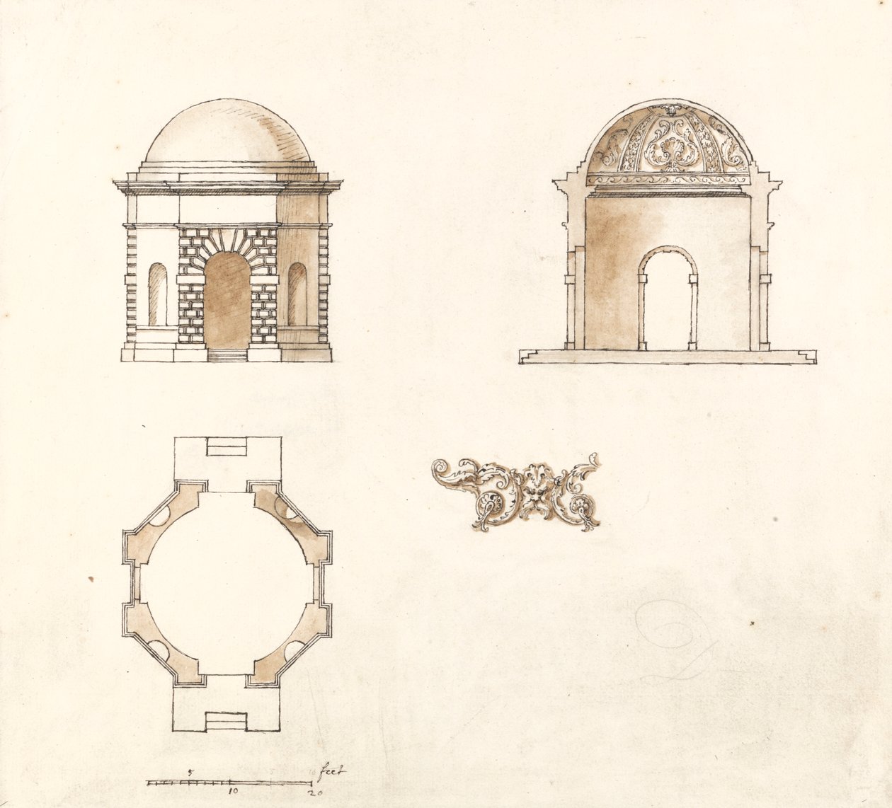 Tempio ottagonale a Shotover Park, Oxfordshire: pianta, sezione ed elevazione da William Kent