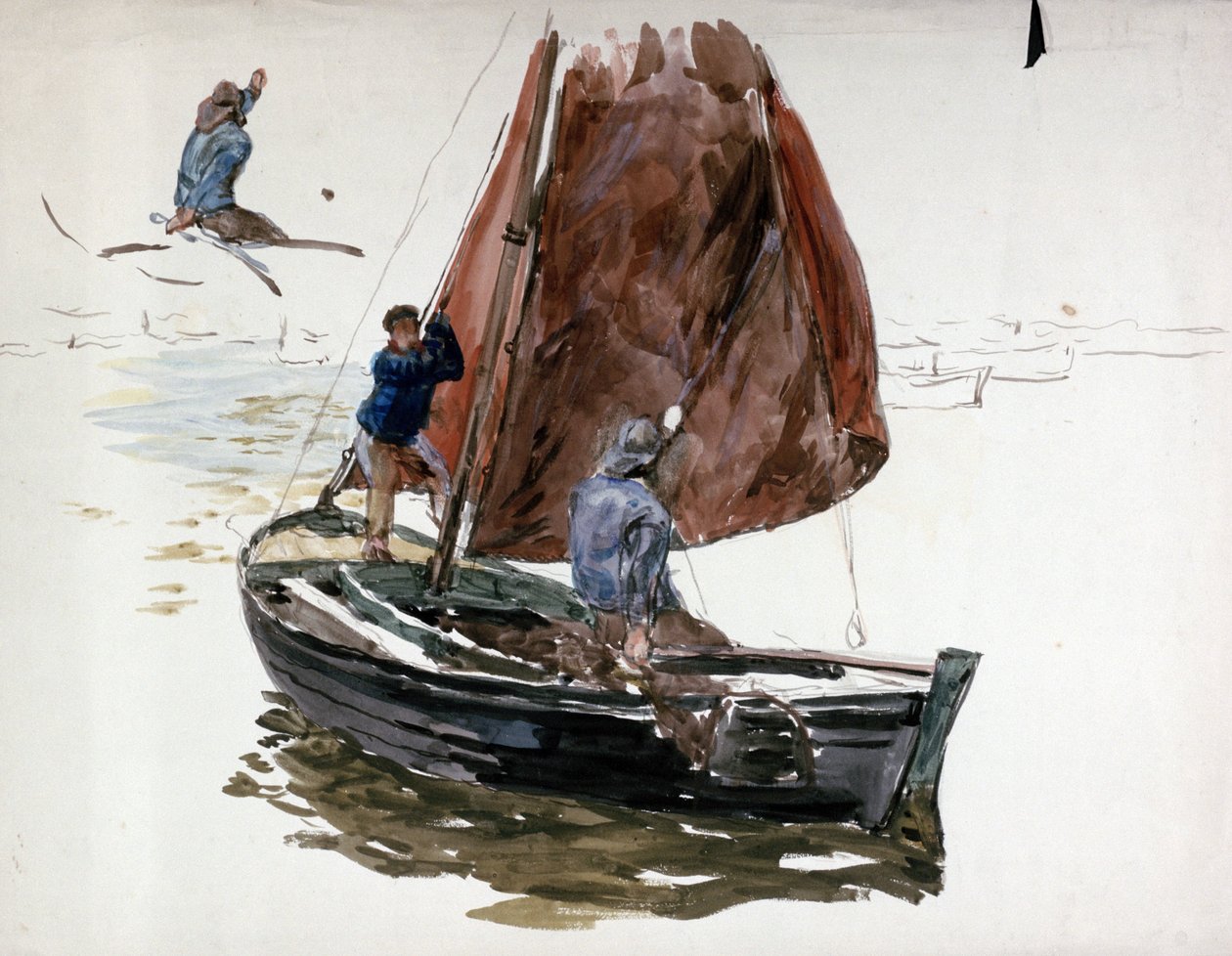 Un uomo e un ragazzo a bordo di una piccola barca a vela da William Lionel Wyllie