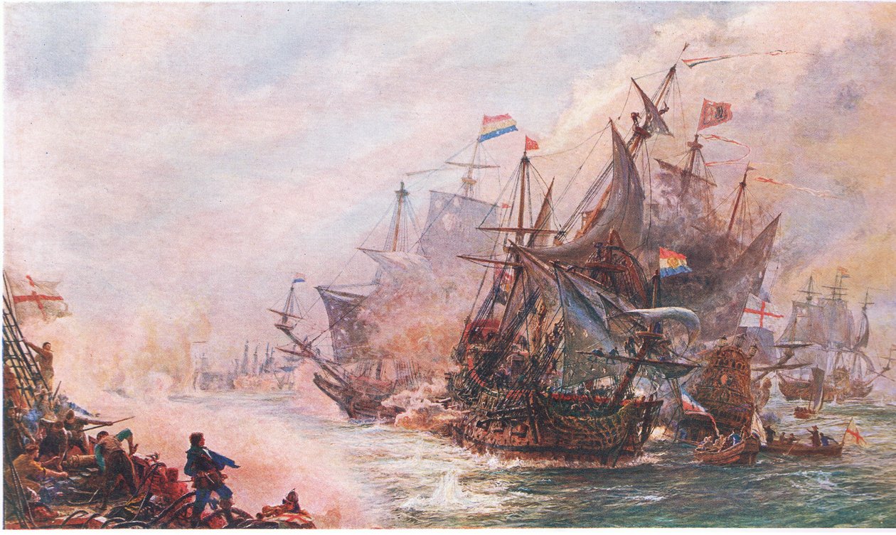 Il combattimento di tre giorni di Blake con Von Tromp, da La Storia del Popolo Britannico di Cassell pubblicato da Waverley Book Company Limited, c.1940 da William Lionel Wyllie