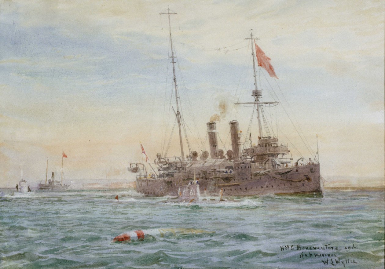 HMS Bonaventure e sottomarini" RMG PW2083 da William Lionel Wyllie