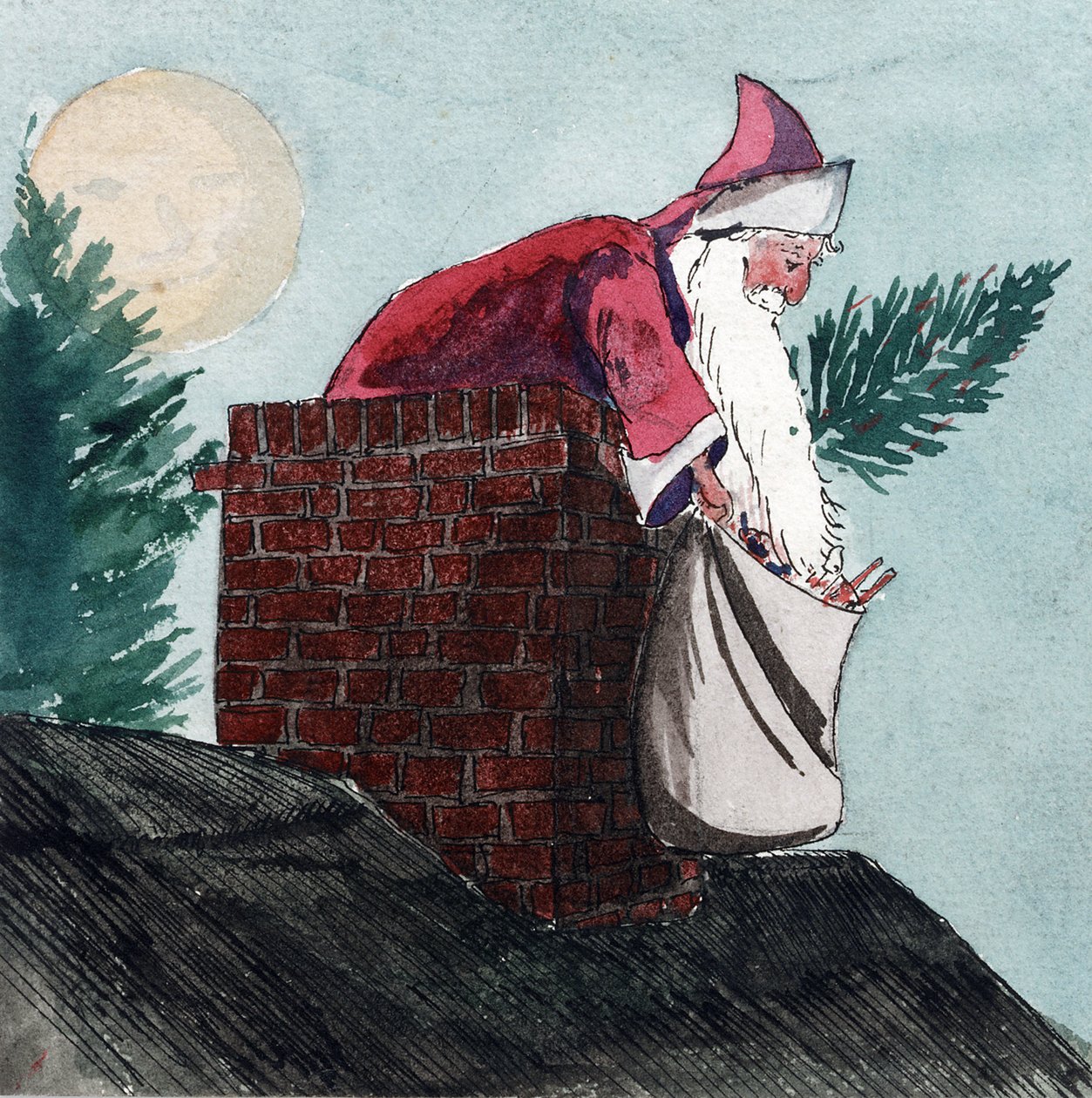 Babbo Natale, scendendo attraverso un camino, tirando un sacco pieno di giocattoli e un albero di Natale. Acquerello, inizio XX secolo, di William Lionel Wyllie (1851-1931). da William Lionel Wyllie