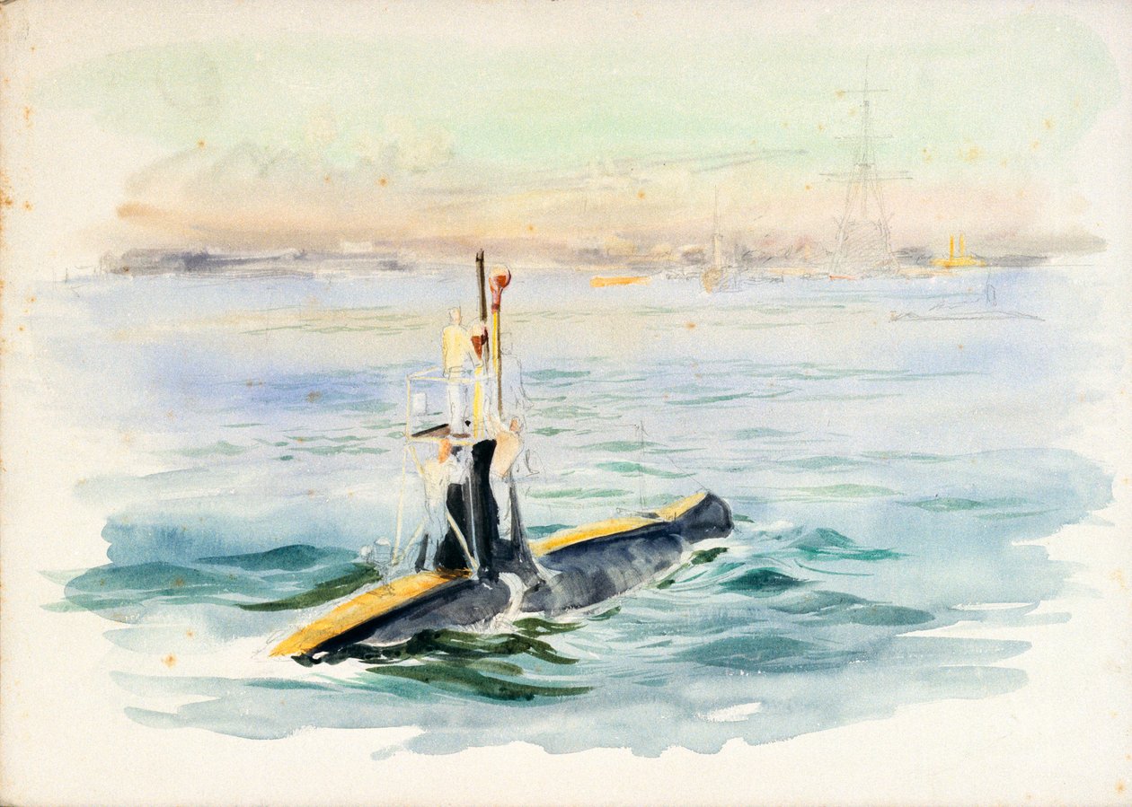 Studio di un sottomarino di classe A in navigazione, probabilmente nel porto di Portsmouth, inizio XX secolo da William Lionel Wyllie
