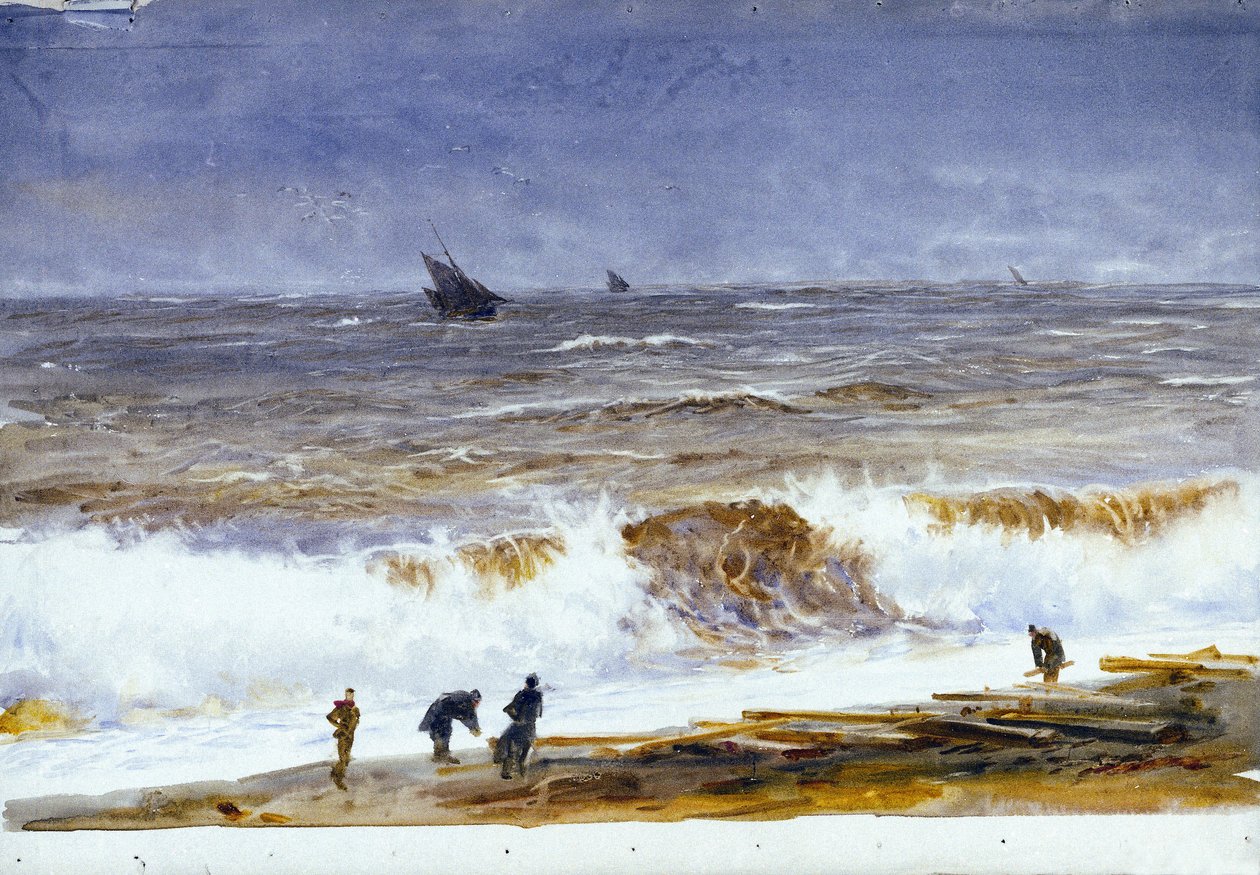 La spiaggia di Berck sur mer (Francia), con mare agitato e personaggi sulla spiaggia. Acquerello, dopo il 1890, di William Lionel Wyllie (1851-1931) da William Lionel Wyllie