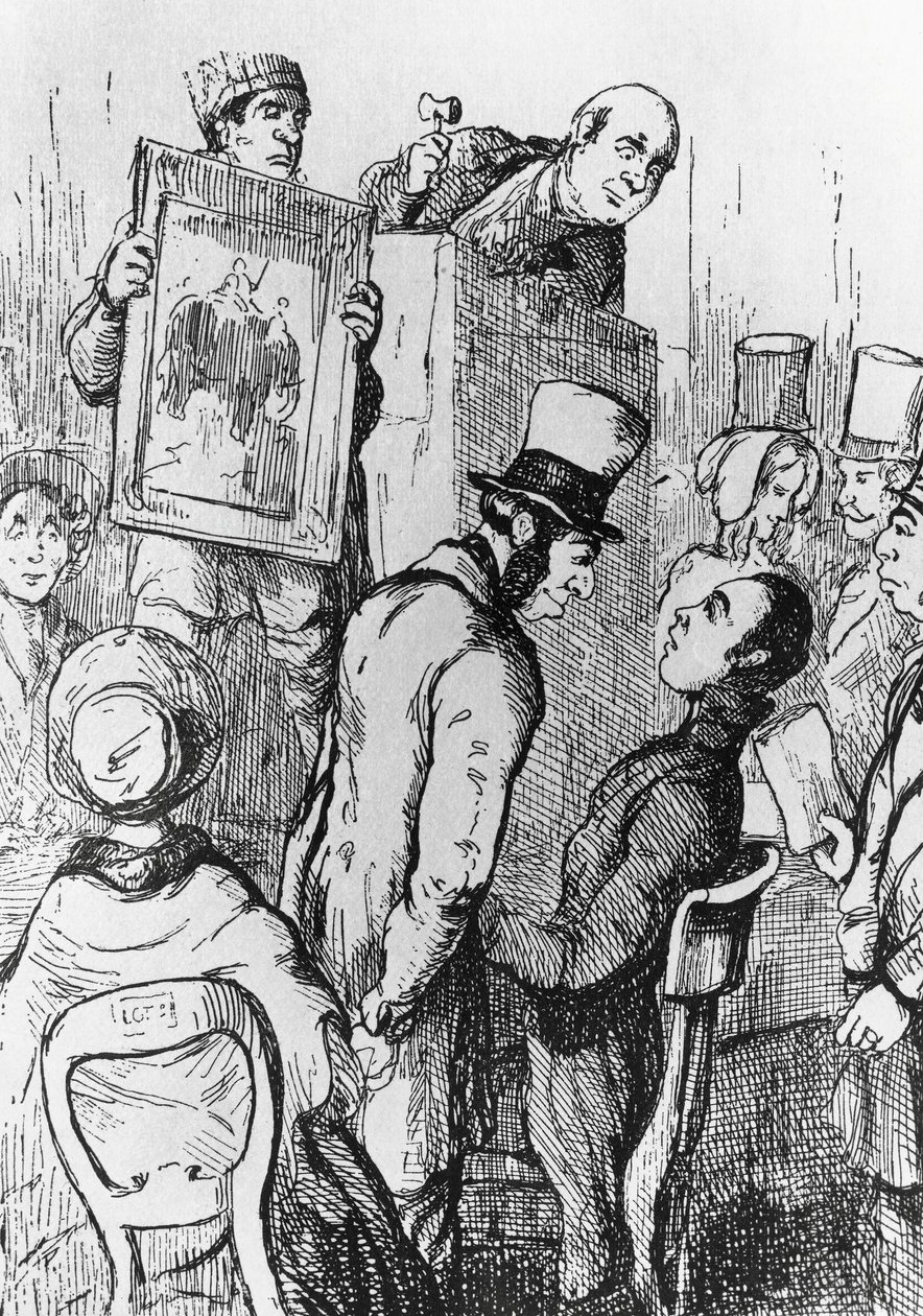 Elefante in vendita, illustrazione per il 17° capitolo di La fiera della vanità, romanzo di William Makepeace Thackeray, incisione dopo disegno di William Makepeace Thackeray, pubblicato a Chicago nel 1882 da William Makepeace Thackeray