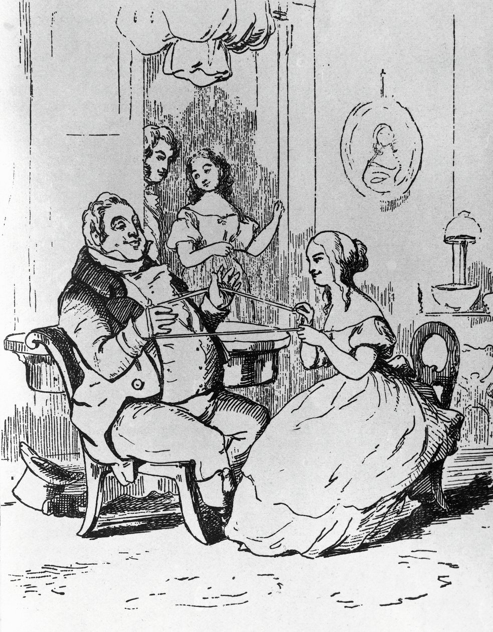 Mr Joseph Sedley intrappolato da Becky Sharp, illustrazione per il primo capitolo di Vanity Fair, romanzo di William Makepeace Thackeray (1811-1863), incisione dal disegno di William Makepeace Thackeray (1811-1863), pubblicato a Chicago nel 1882 da William Makepeace Thackeray