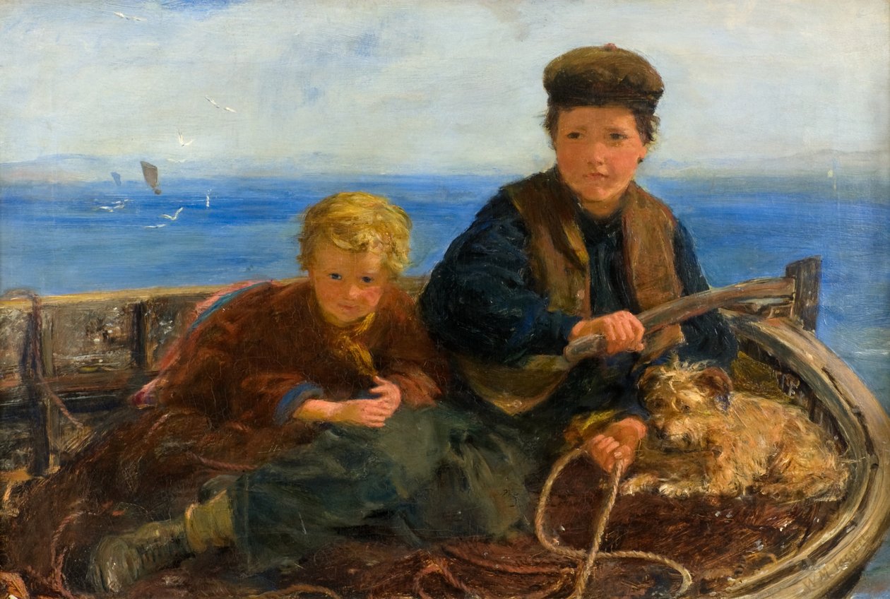 Due ragazzi e un cane in una barca da William McTaggart