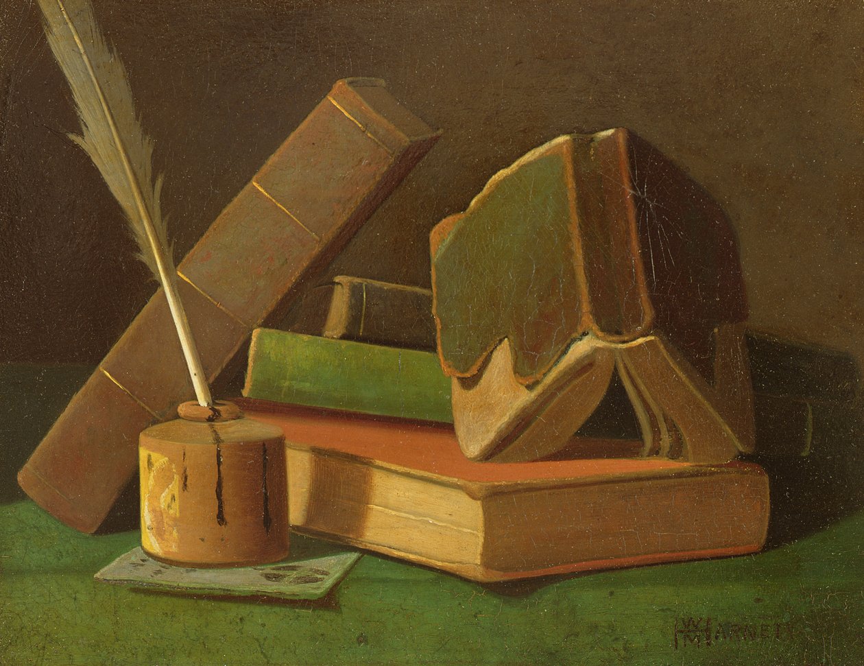 Natura morta con libri e calamaio da William Michael Harnett